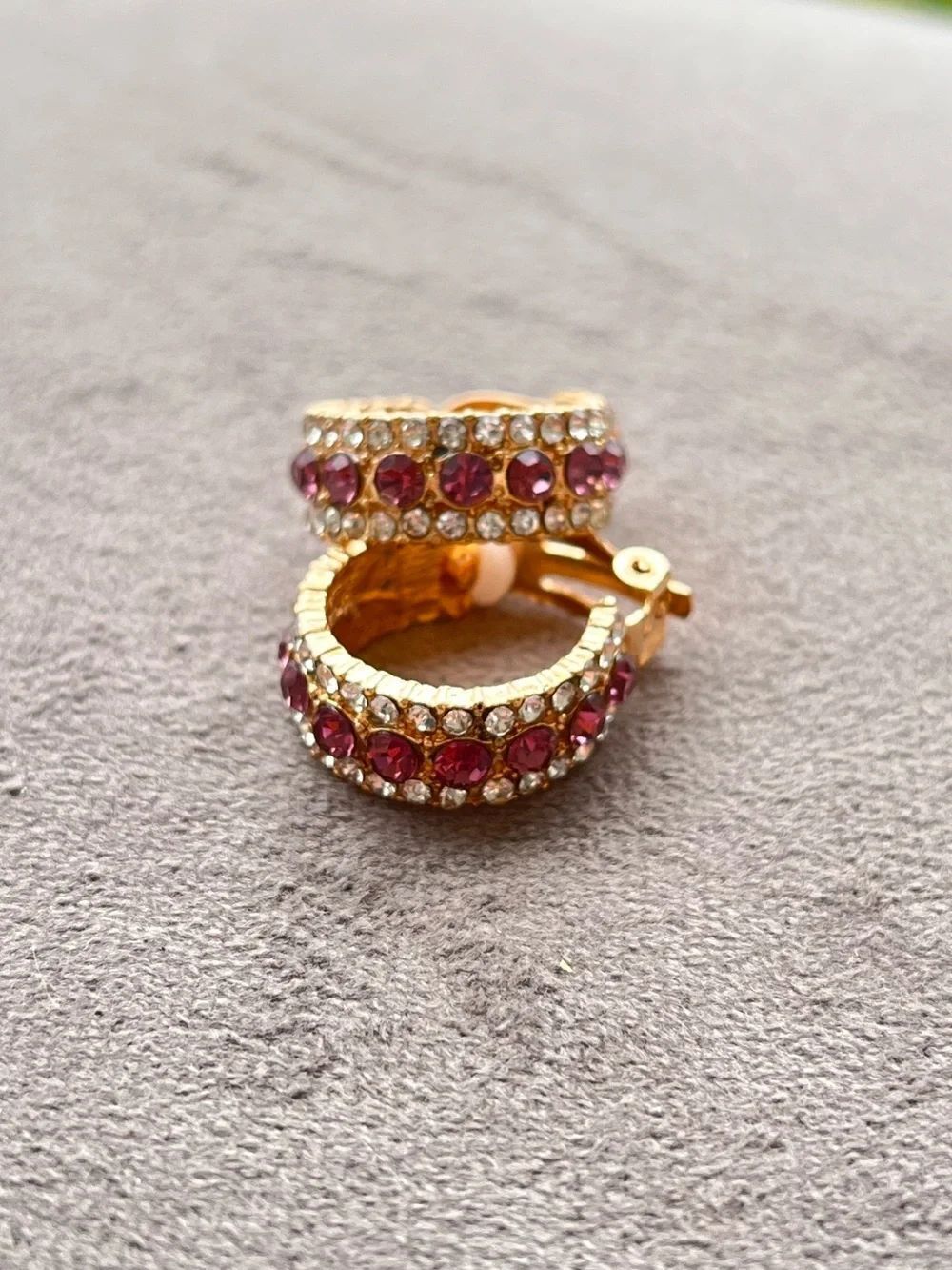 Gold-Tone Clip On Hoop Earrings with Purple and Clear Crystals